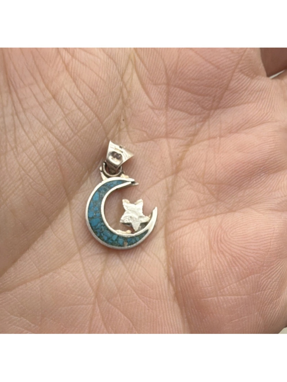 Silver Crescent Moon and Star Pendant with Turquoise Inlay